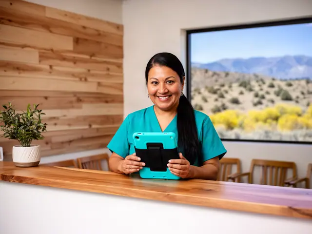 Smiling office manager in teal scrubs holding a turquoise strapped tablet at a reception counter, high-desert hills outside