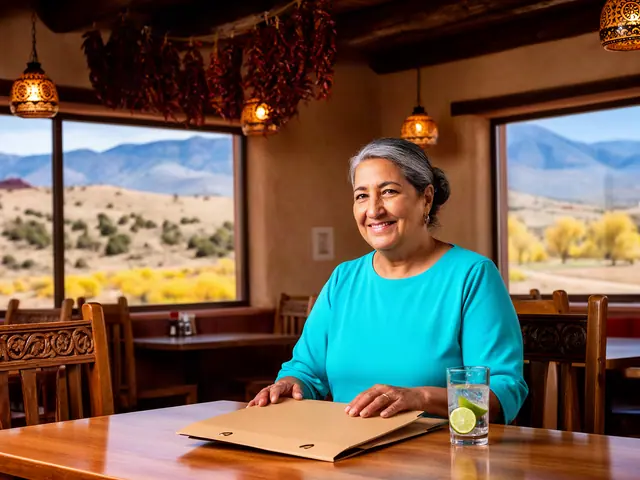 Smiling restaurant owner in a turquoise blouse with her hands on a closed folder in an empty adobe dining room