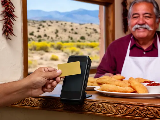 Customer hand tapping a yellow card on a black countertop card terminal, smiling cafe owner and sopaipillas behind